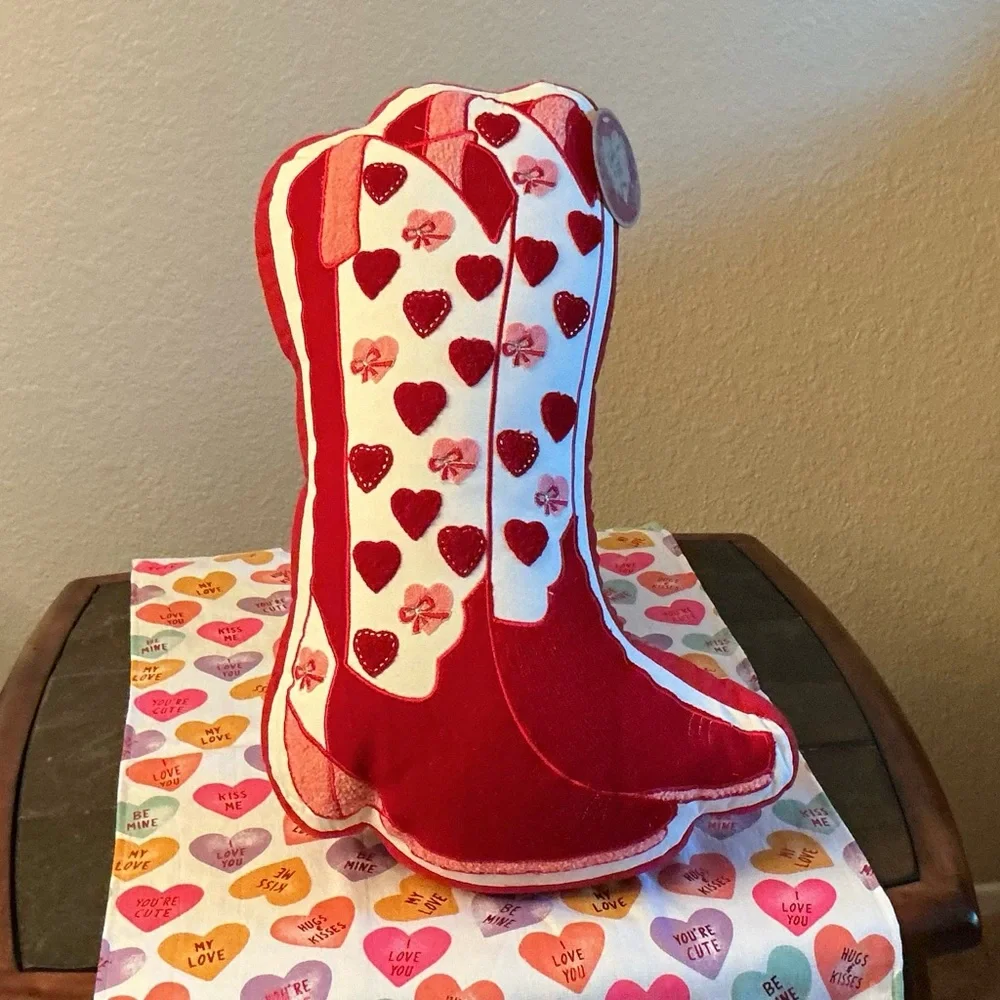 Large Red and White Heart Cowboy Boots Pillow with Embossed Designs